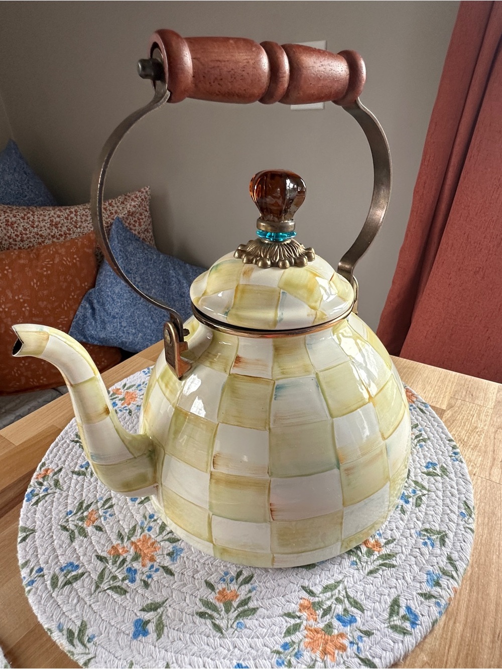 Mackenzie Childs 3 quart Parchment Check Tea Kettle- Retired Pattern - Picture 2 of 7